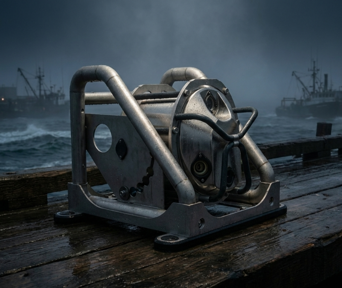 Product rendering of Kraken on a dock, lenses turned toward the headline. Not a photograph of a finished unit.
